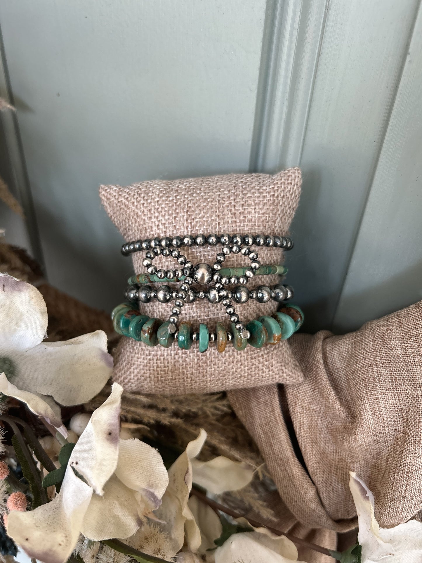 Turquoise and sterling pearl bracelet