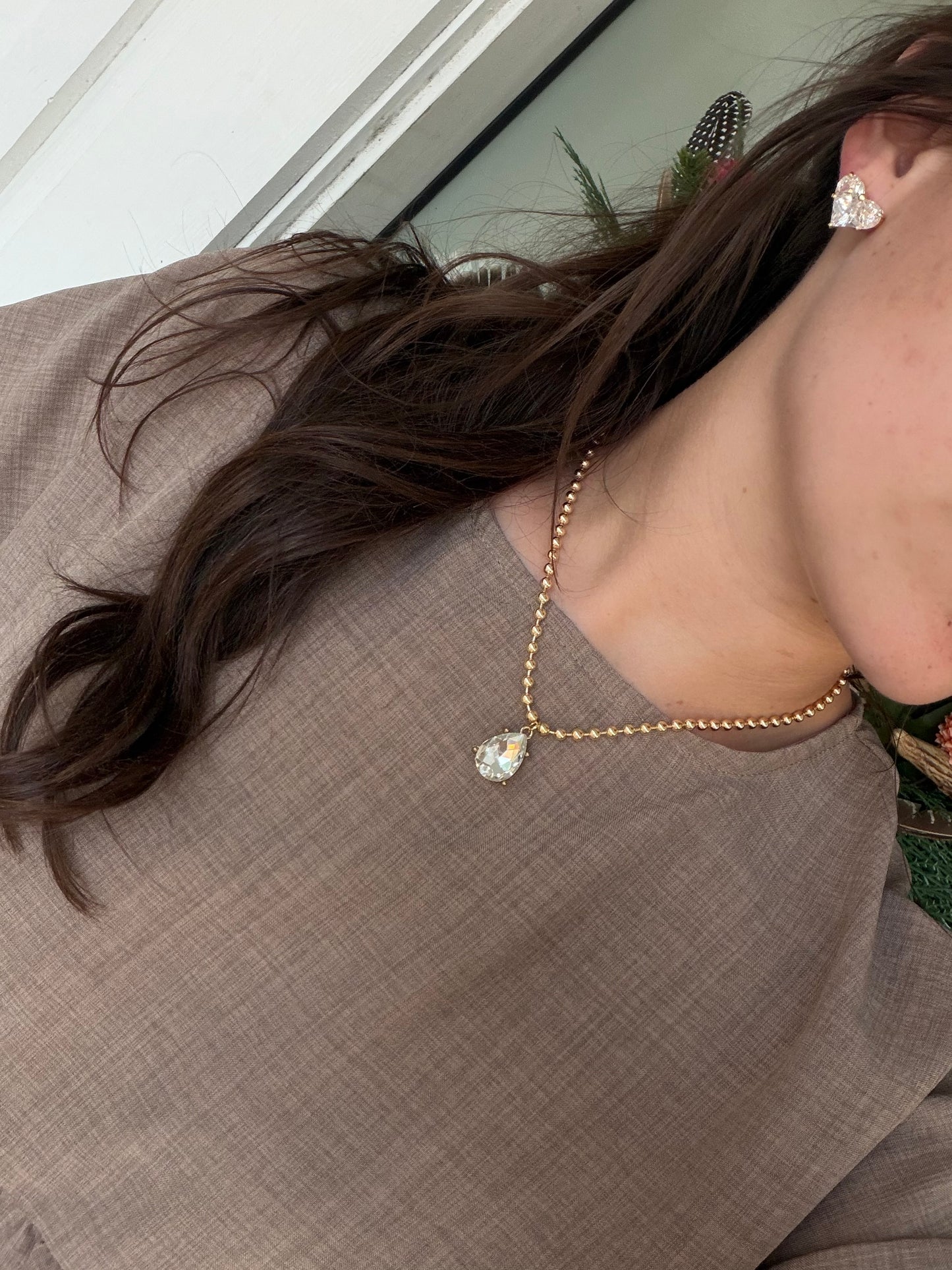 Gold ball chain with diamond teardrop