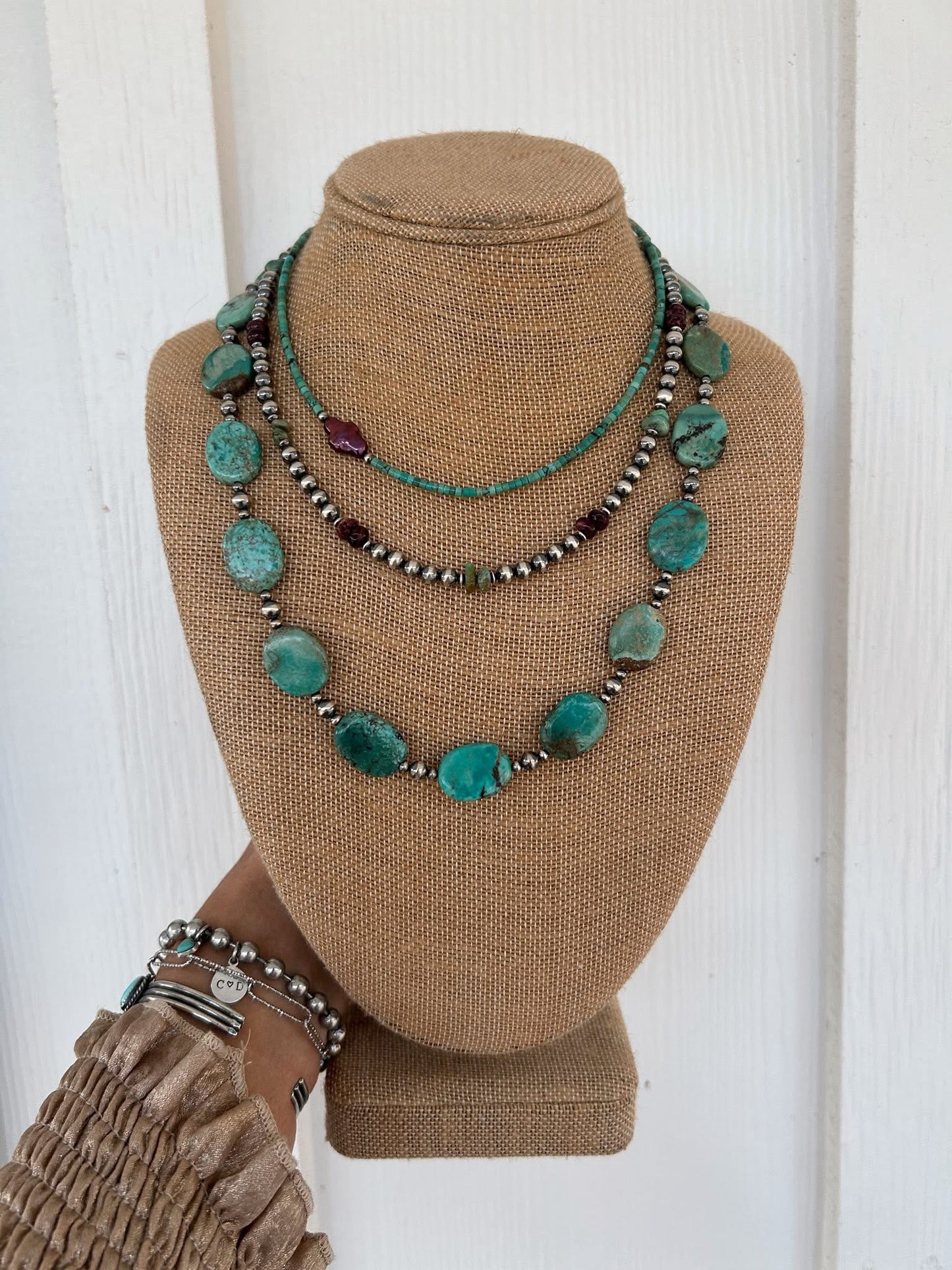 Turquoise heishi with freshwater pearl cross