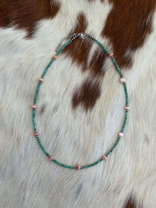 Pink conch and turquoise heishi