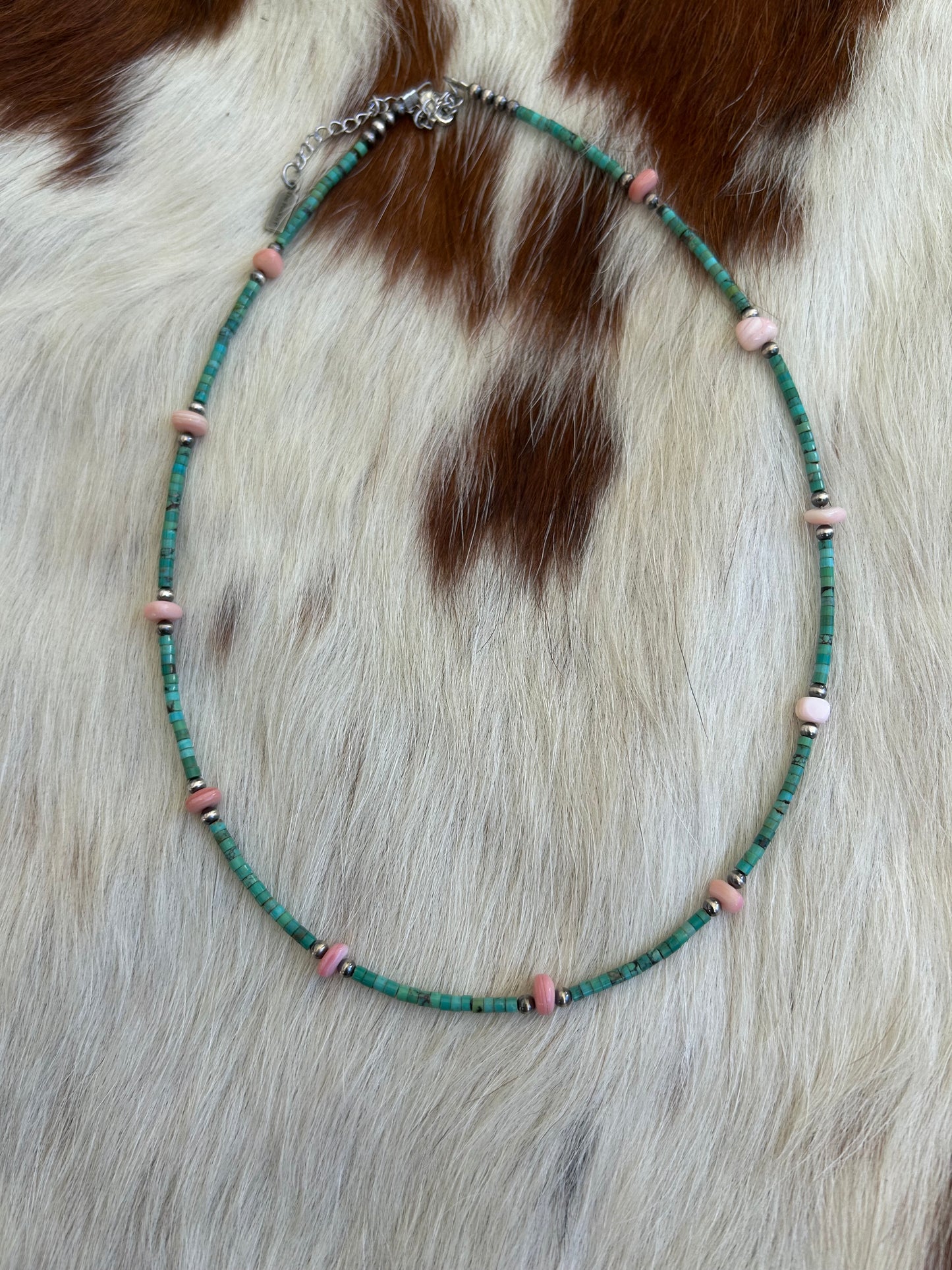 Pink conch and turquoise heishi