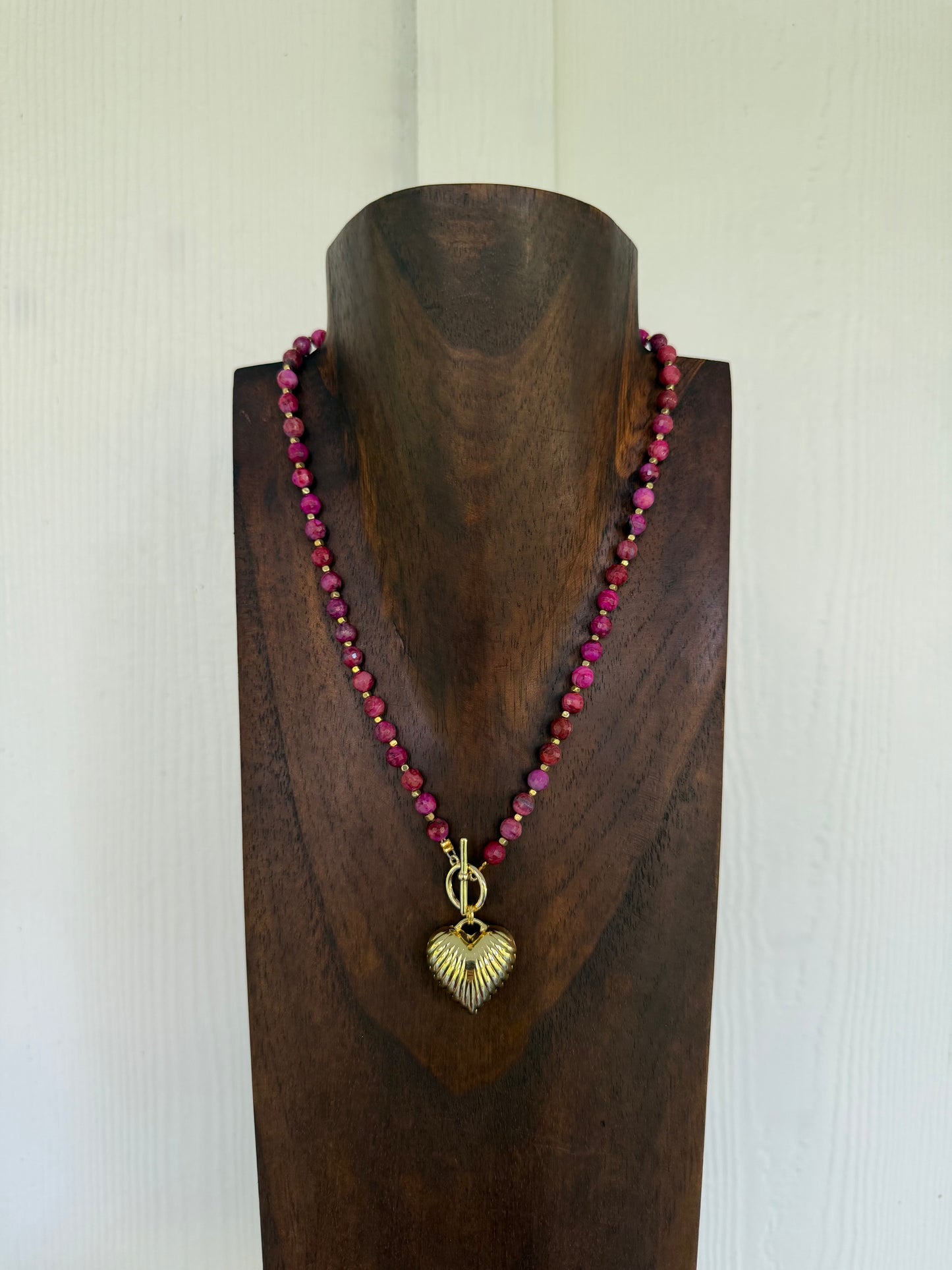 Pink agate and textured heart charm