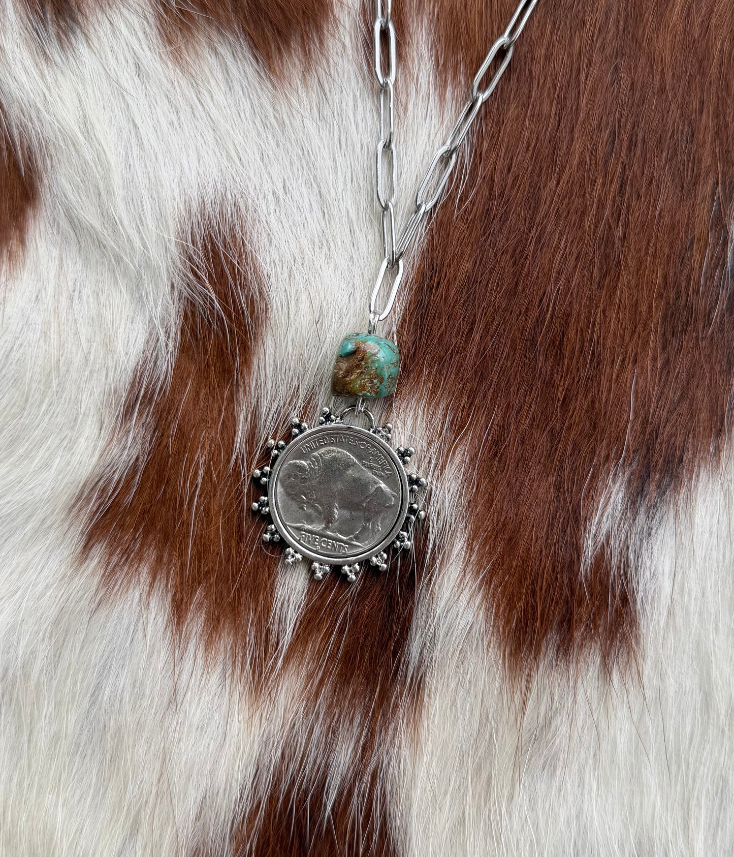 Buffalo coin and turquoise necklace