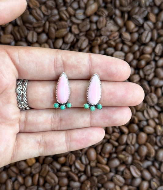 Pink conch and kingman turquoise studs