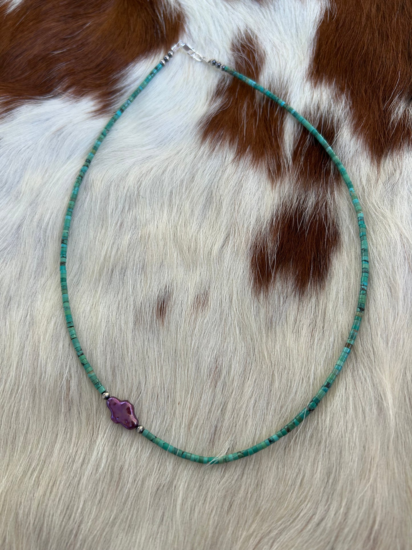 Turquoise heishi with freshwater pearl cross