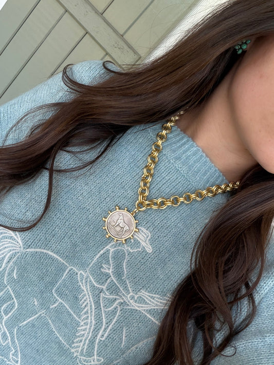 Matte gold horse coin necklace