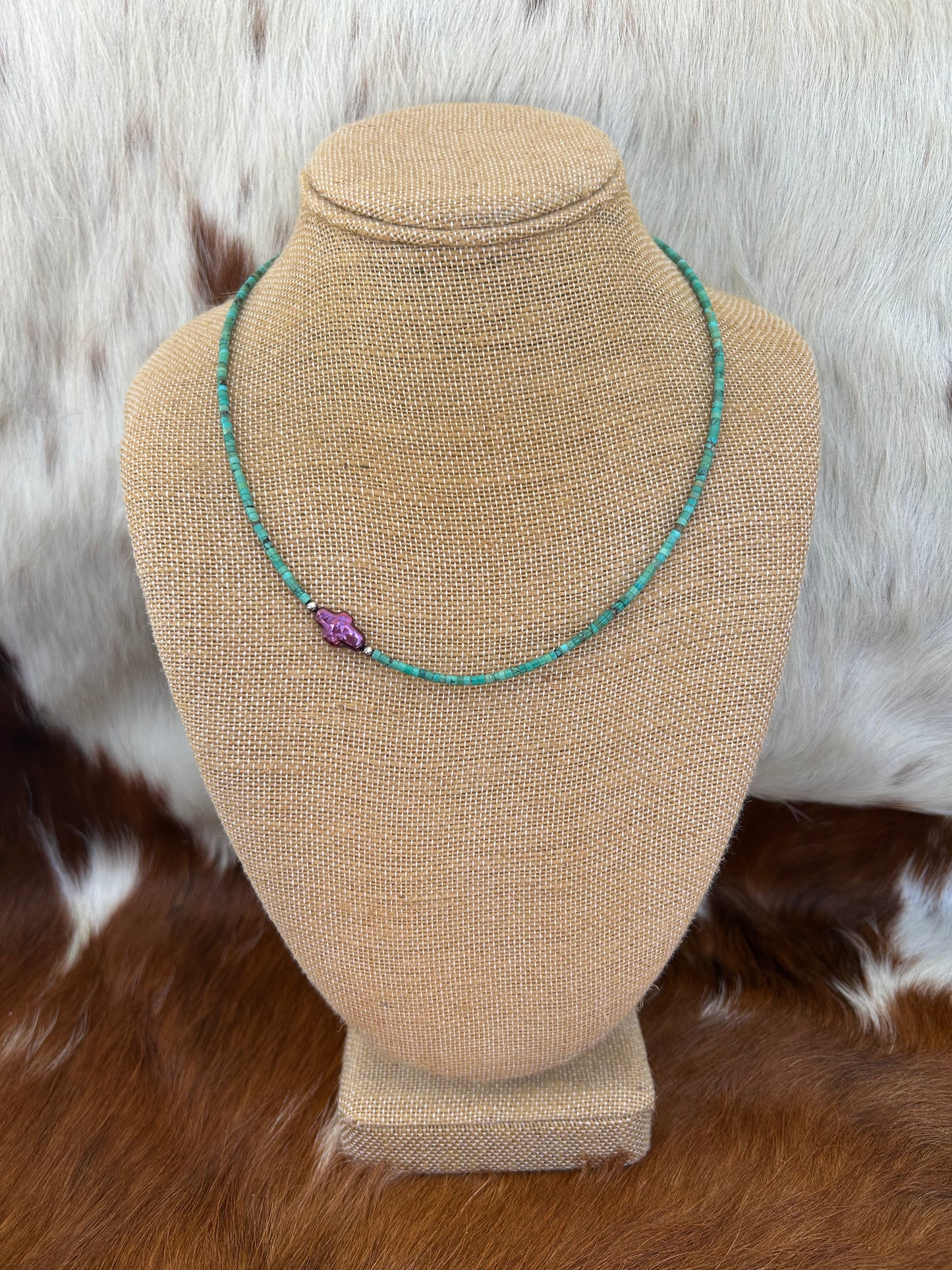 Turquoise heishi with freshwater pearl cross