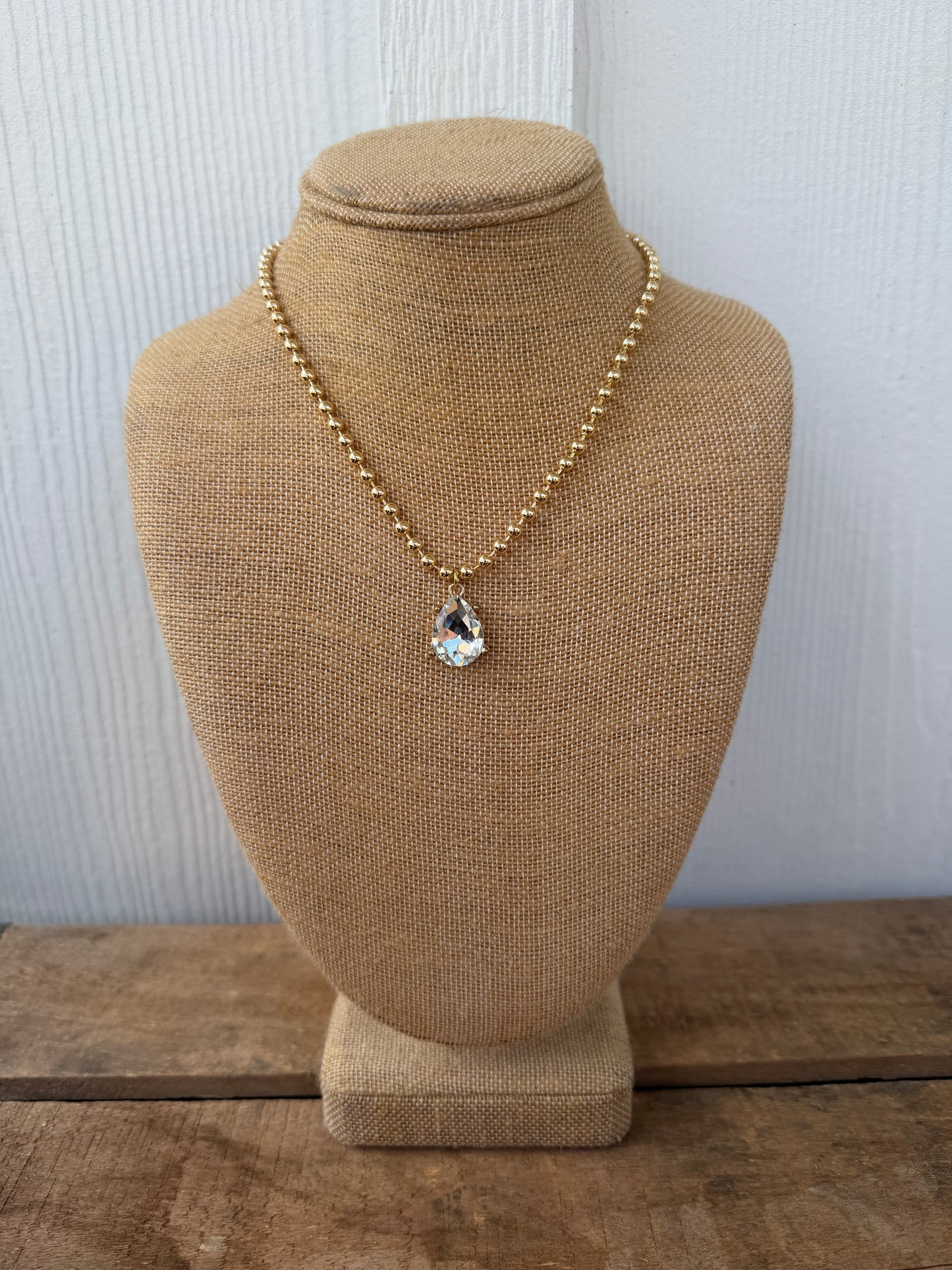 Gold ball chain with diamond teardrop