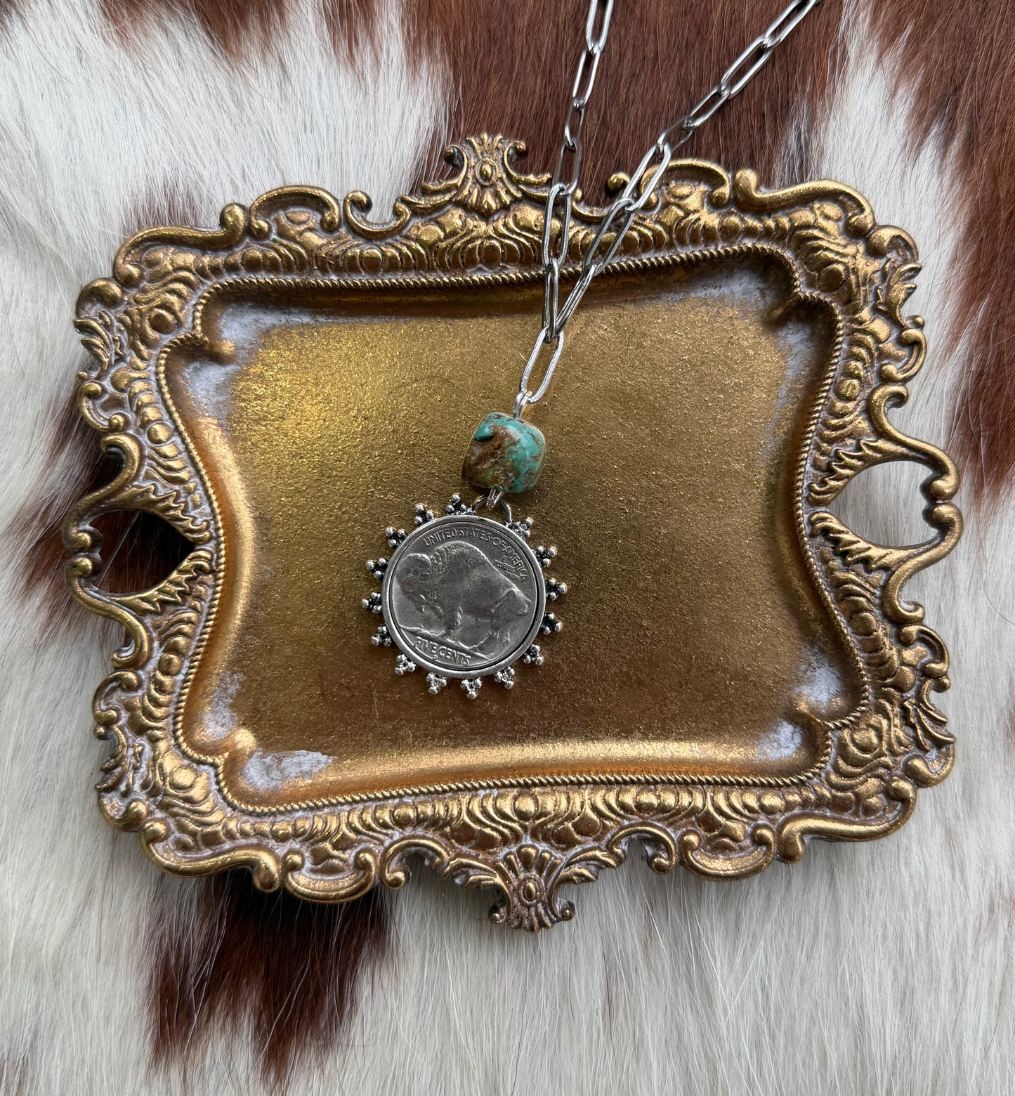 Buffalo coin and turquoise necklace