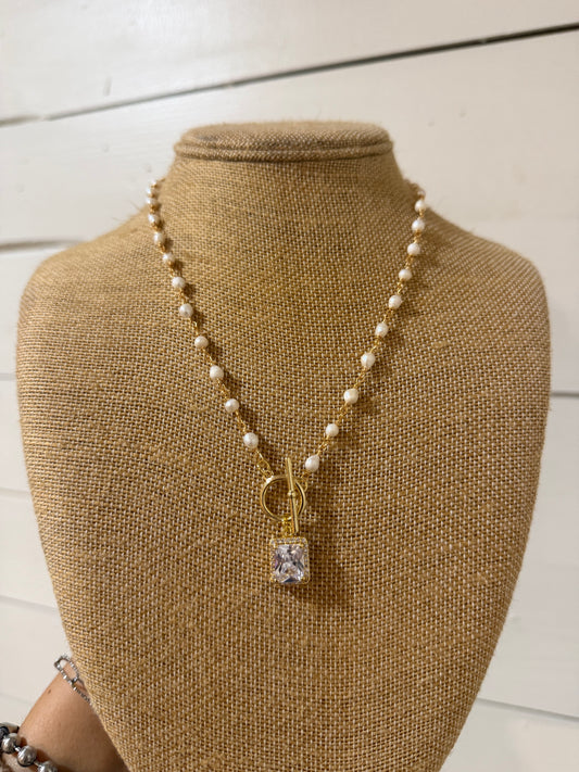 Square diamond on pearl chain