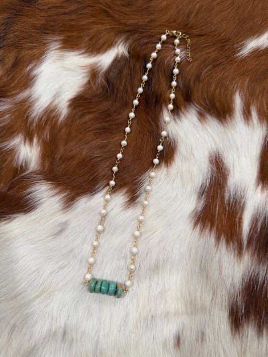 Gold pearl chain genuine turquoise bar