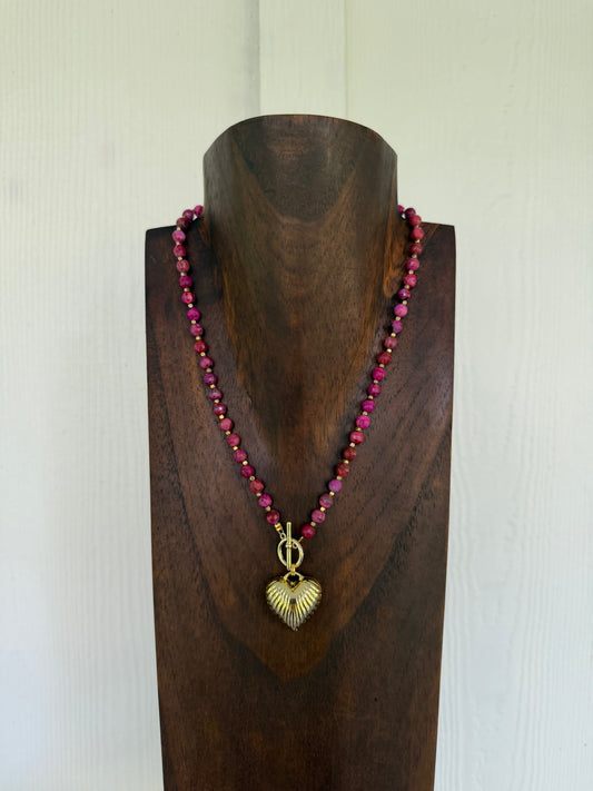 Pink agate and textured heart charm