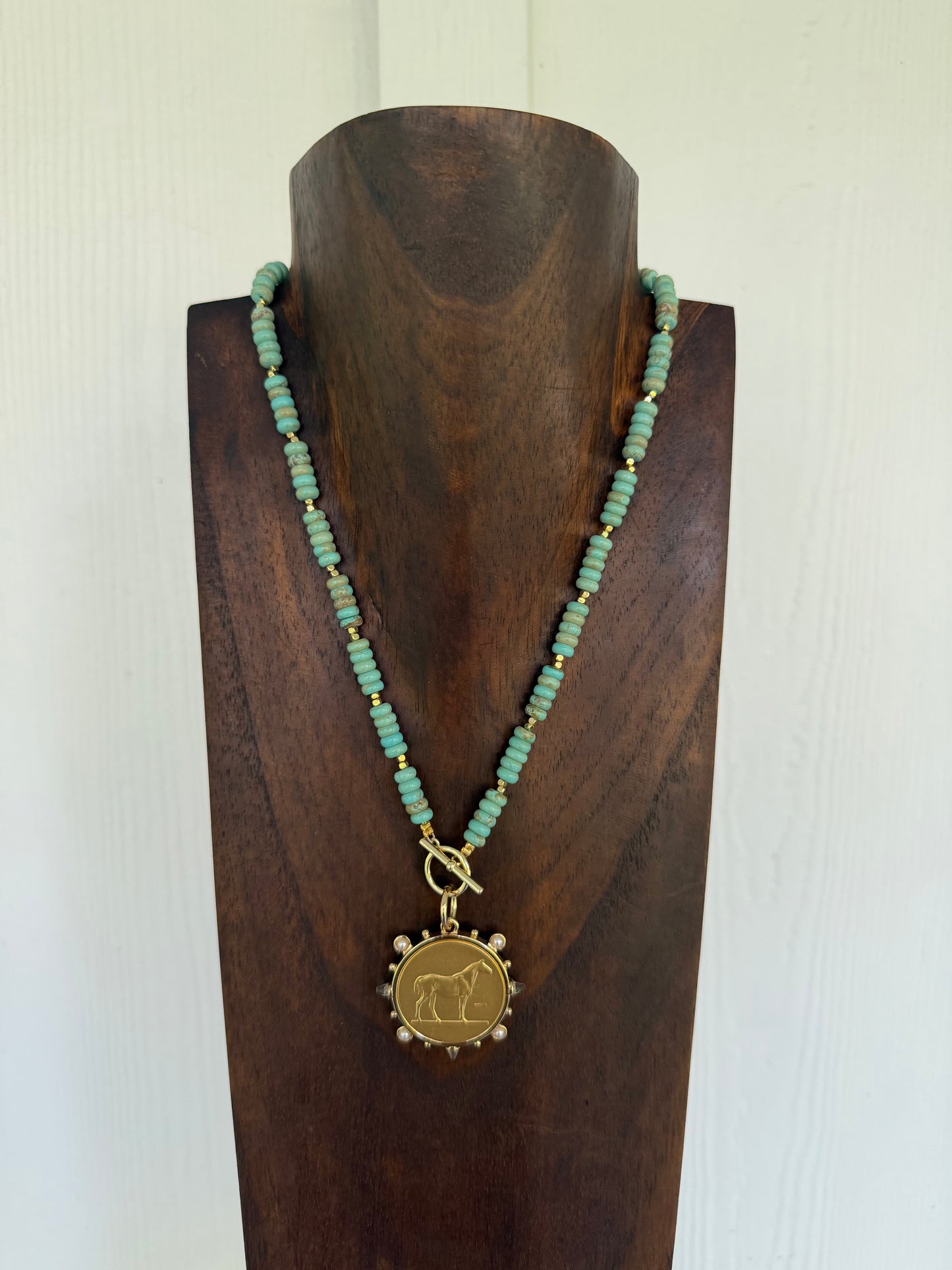 Faux turquoise rondelles and pearl horse coin